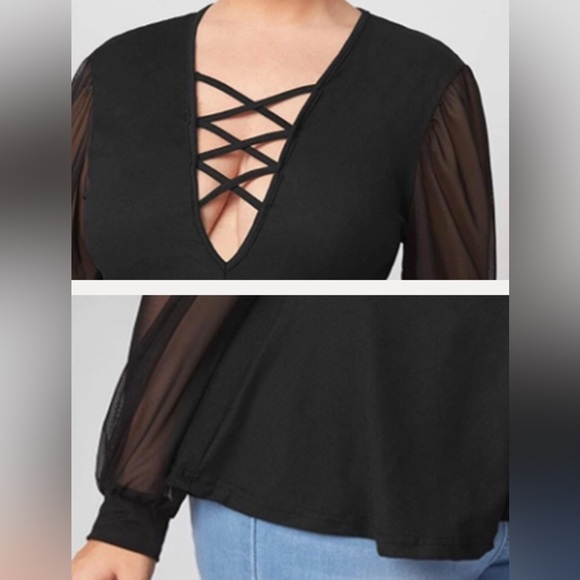 Urbanic Black Deep neck top with sheer sleeves - Picture 5 of 10